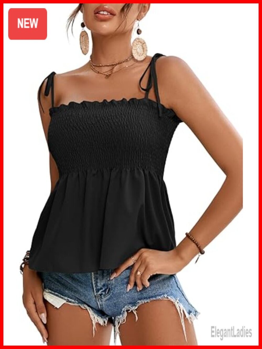 Frill Smocked Tie Shoulder Cami Peplum Top Sleeveless Blouse